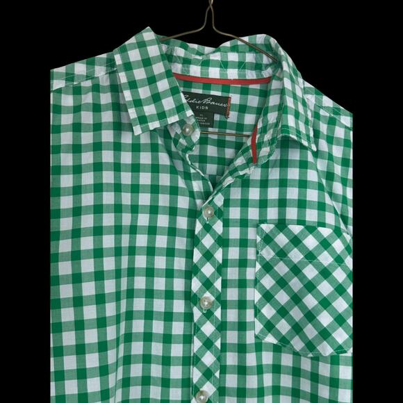 Eddie Bauer Kids XL Green White Gingham Plaid Long Sleeve Button Up Shirt Cotton - Picture 5 of 14